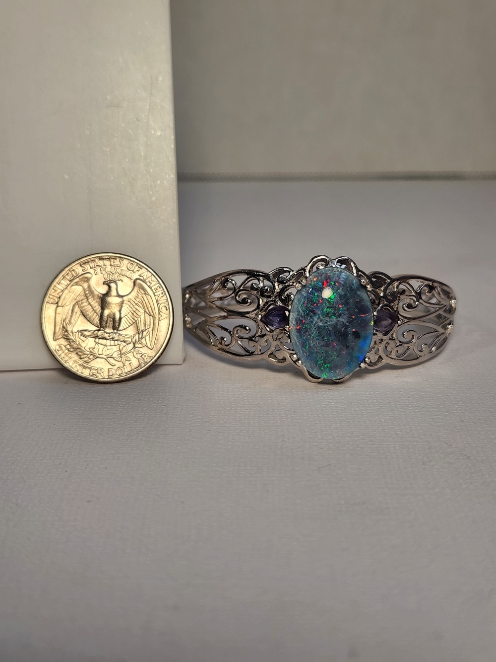 VTG Large Natural Opal & Amethyst 925 Filigree Cuff Btacelet - Picture 13 of 16